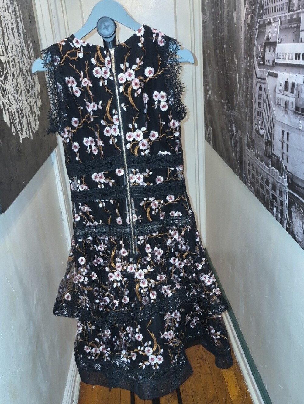 Bronx and Banco Black Dress with Pink and Gold Floral Embroidery - Picture 5 of 6
